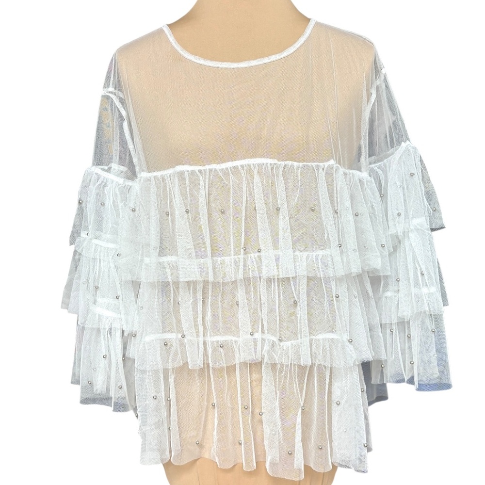 top white mesh see-thru frilly layers pullover silver embellishment vintage